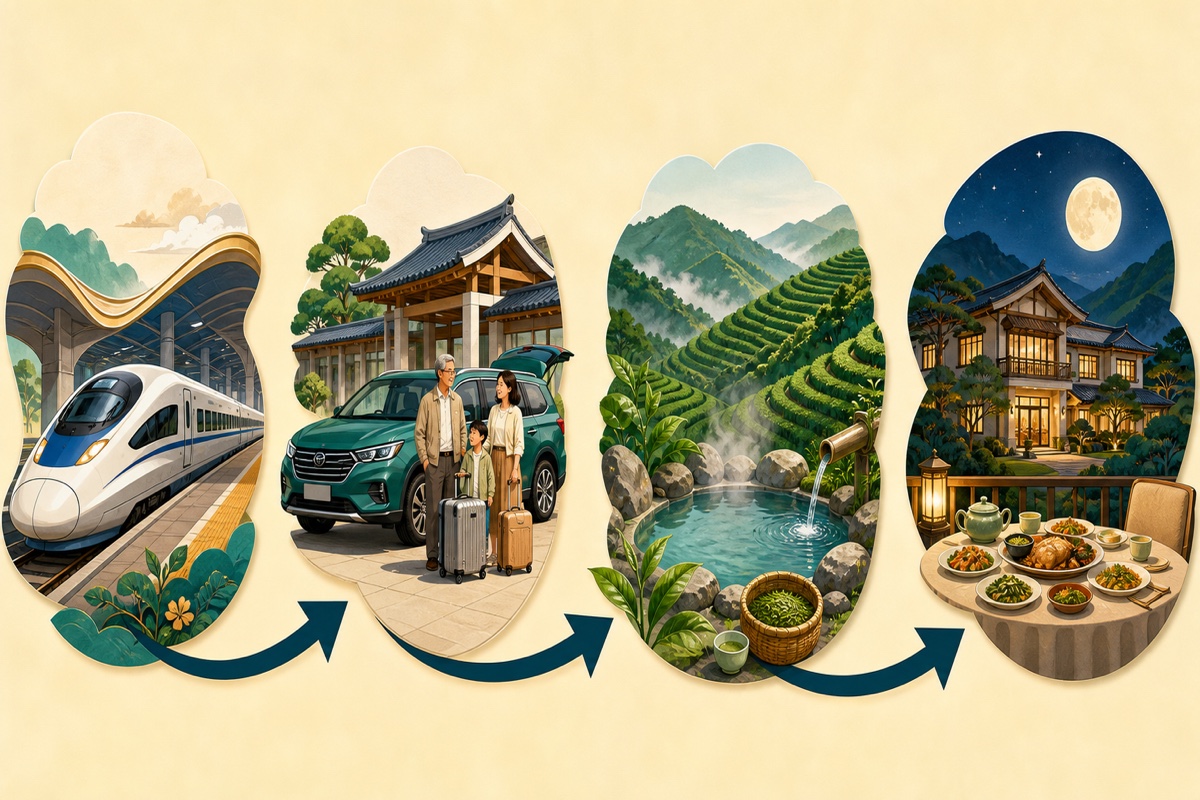 7月29日路线示意：高铁出发、厦门北取车、茶山泡温泉、酒店吃晚餐
