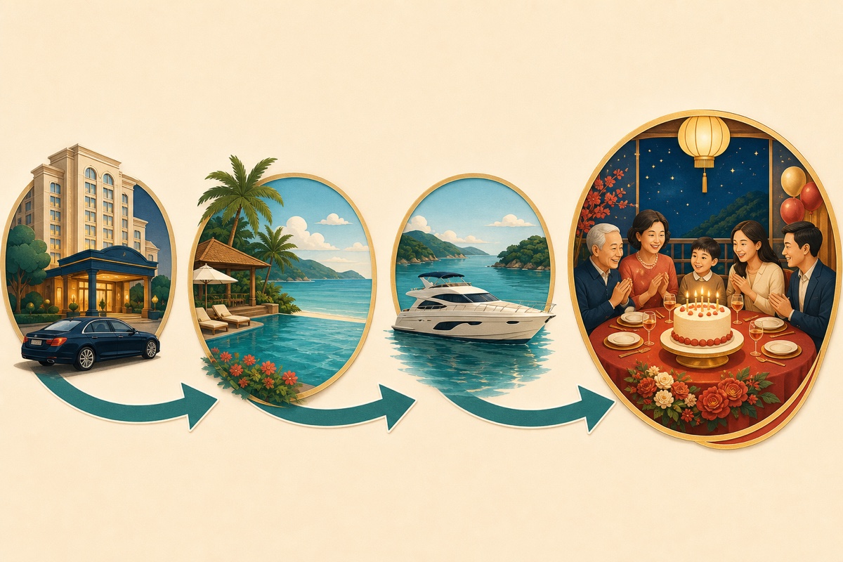 入住七尚、五缘湾游艇和七十岁生日晚宴的路线插画